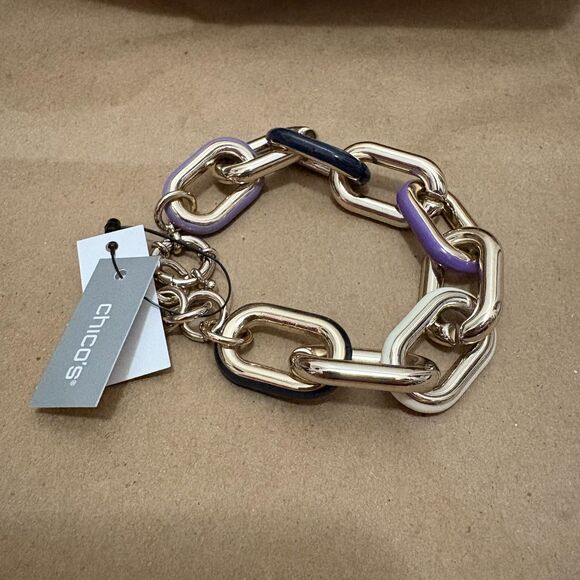 NWT Chico's Chunky Chain Link Bracelet Purple White Enamel Silver Tone Chic - Picture 3 of 4